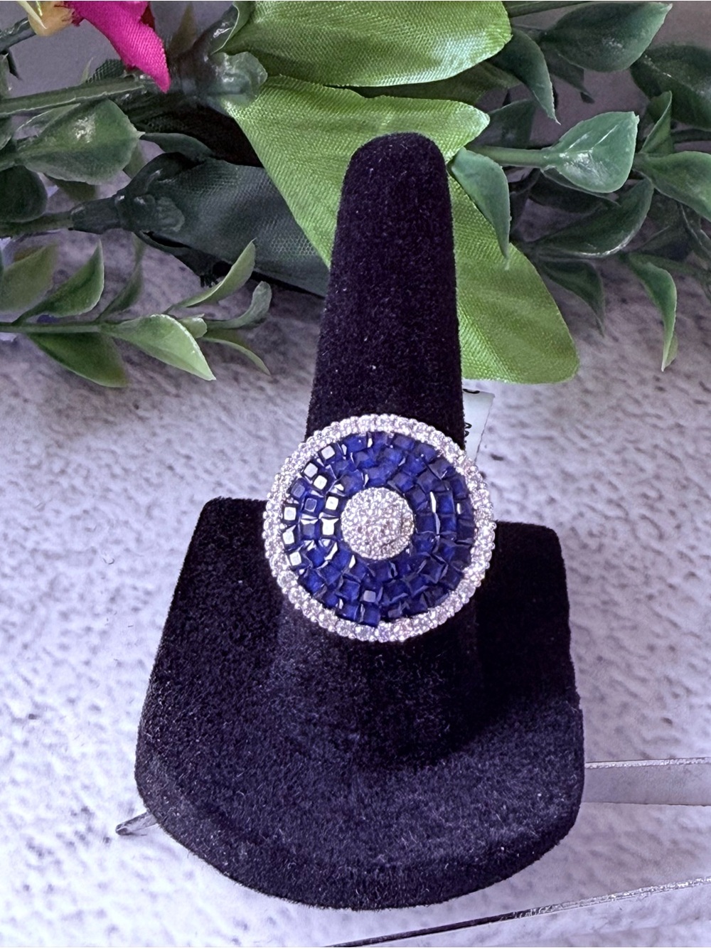 Elegant Blue CZ Circle fashion Statement Ring GP silver